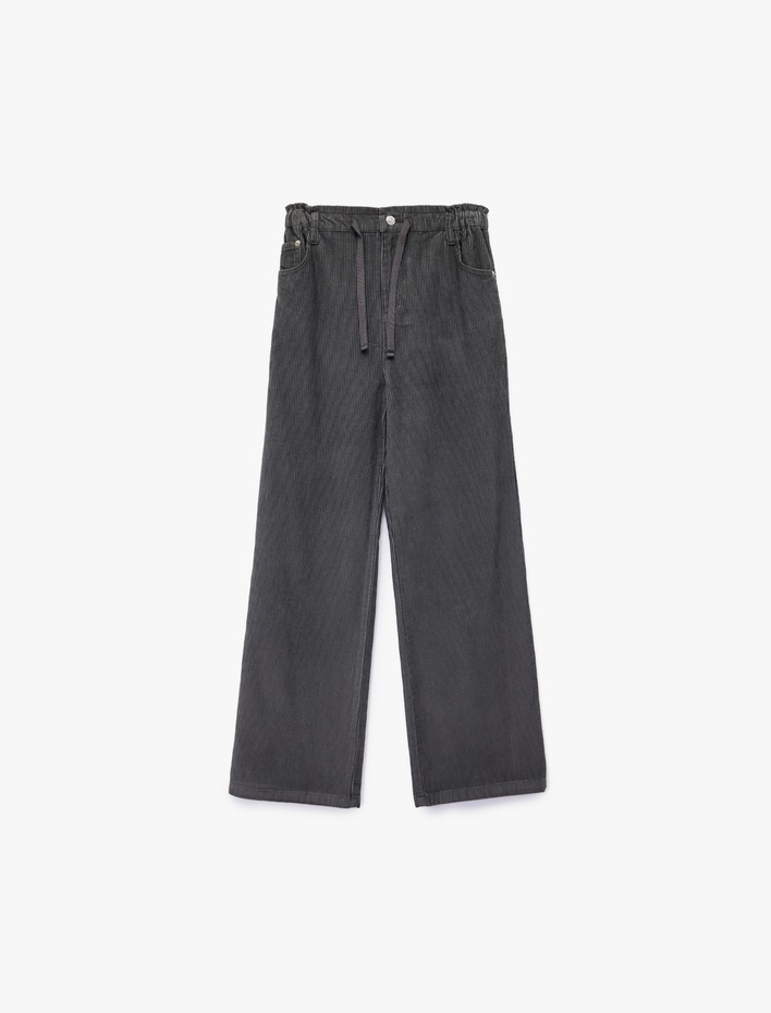 Kız Çocuk Pamuklu Yüksek Bel Bağcıklı Geniş Paça Pantolon