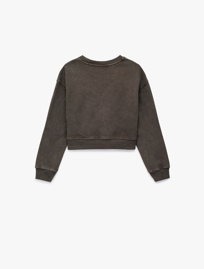 Kız Çocuk Baskılı Uzun Kollu Bisiklet Yaka Crop Sweatshirt