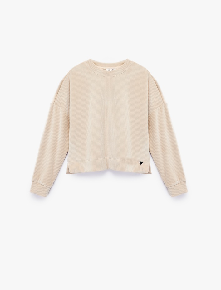 Kız Çocuk Uzun Kollu Bisiklet Yaka Kalp Detaylı Fitilli Sweatshirt