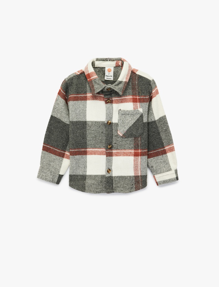 Erkek Bebek Uzun Kollu Cep Detaylı Yün Karışımlı Ekoseli Oduncu Gömlek