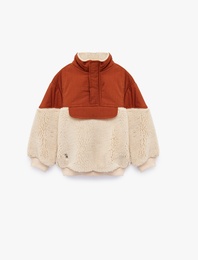 Dik Yaka Kumaş Detaylı Uzun Kollu Peluş Mont