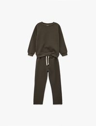 2'li Pamuklu Eşofman Takımı Bisiklet Yaka Uzun Kollu Üst ve Beli Bağcıklı Atlt