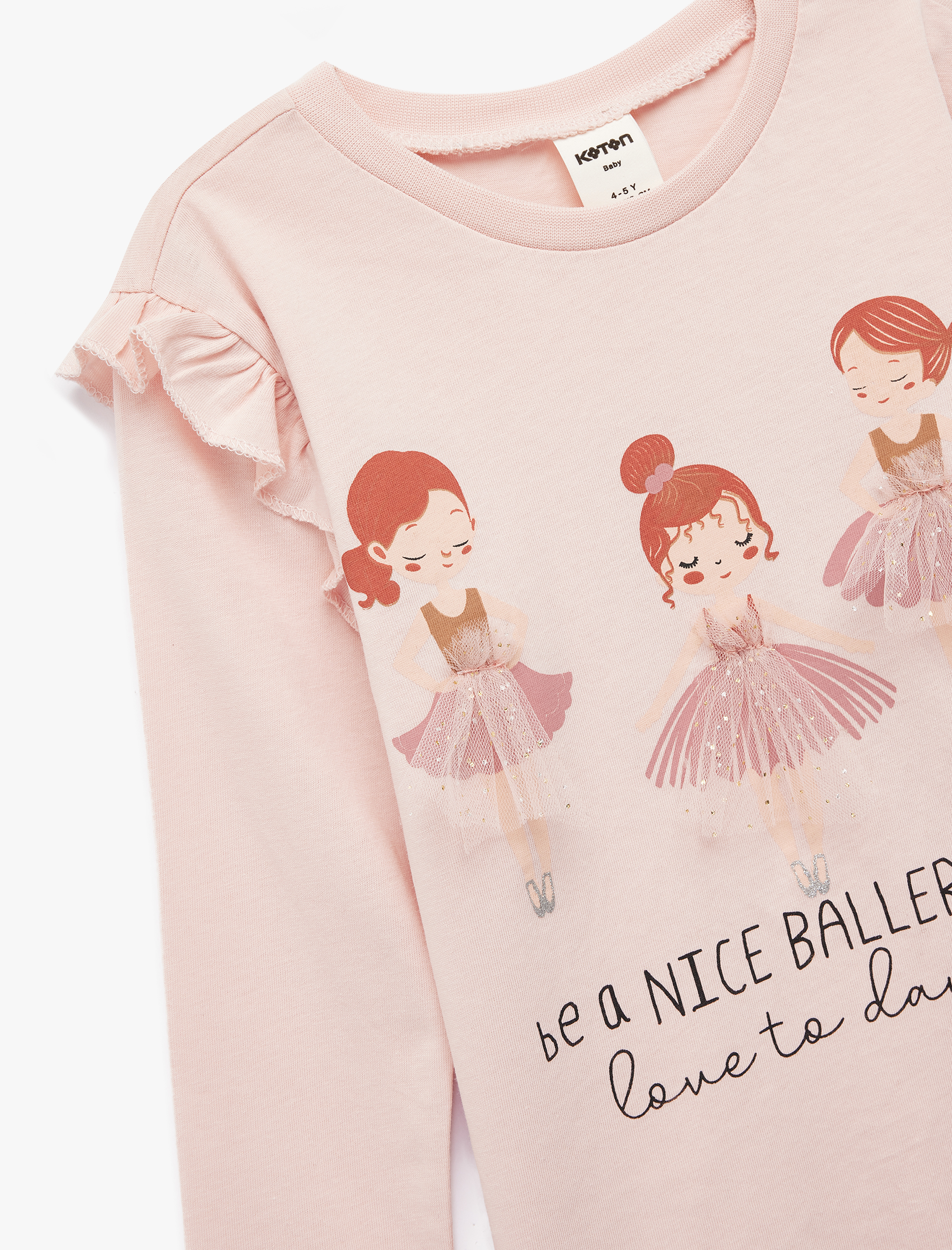  Kız Bebek Balerin Baskılı Uzun Kollu Bisiklet Yaka Pamuklu Tişört