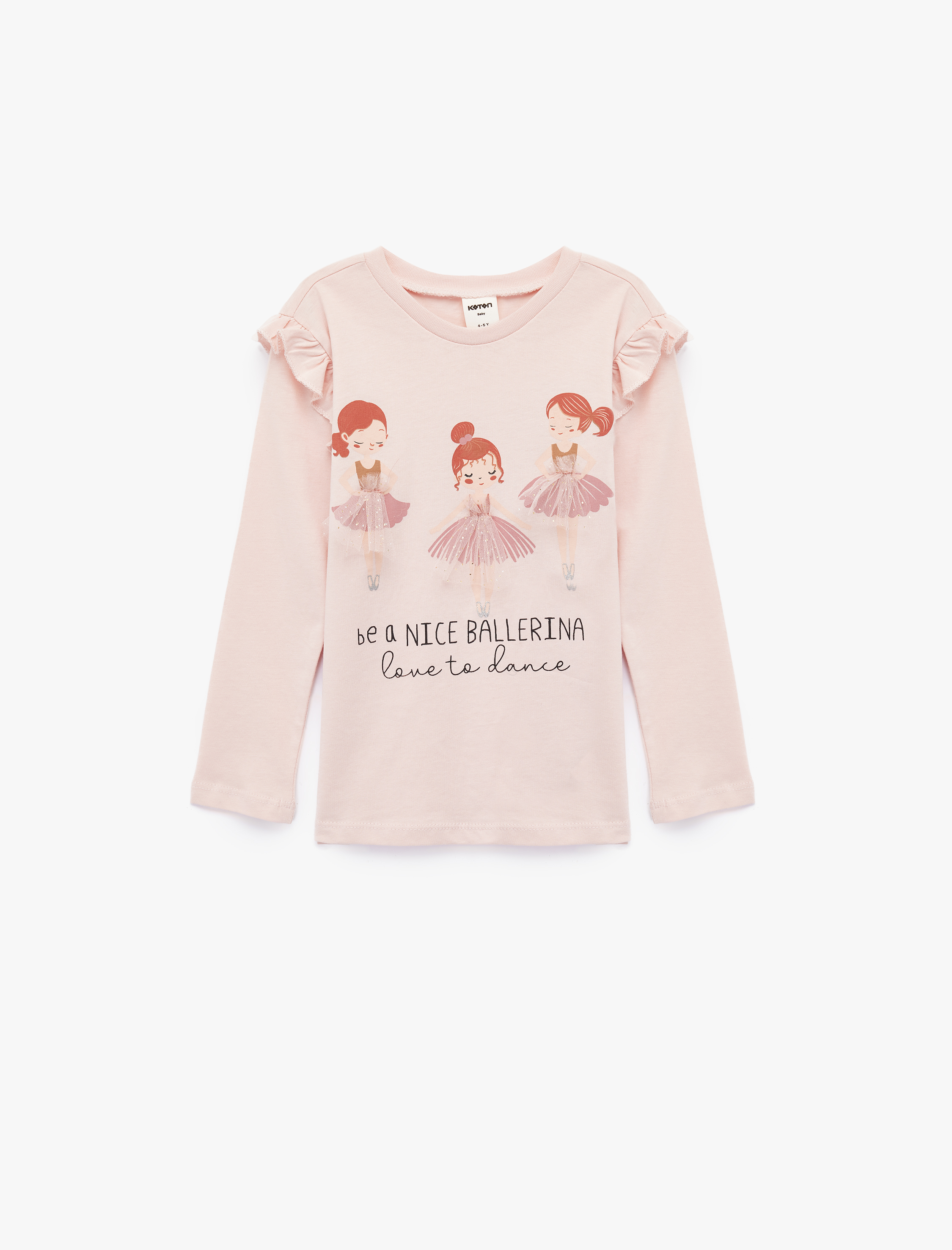  Kız Bebek Balerin Baskılı Uzun Kollu Bisiklet Yaka Pamuklu Tişört