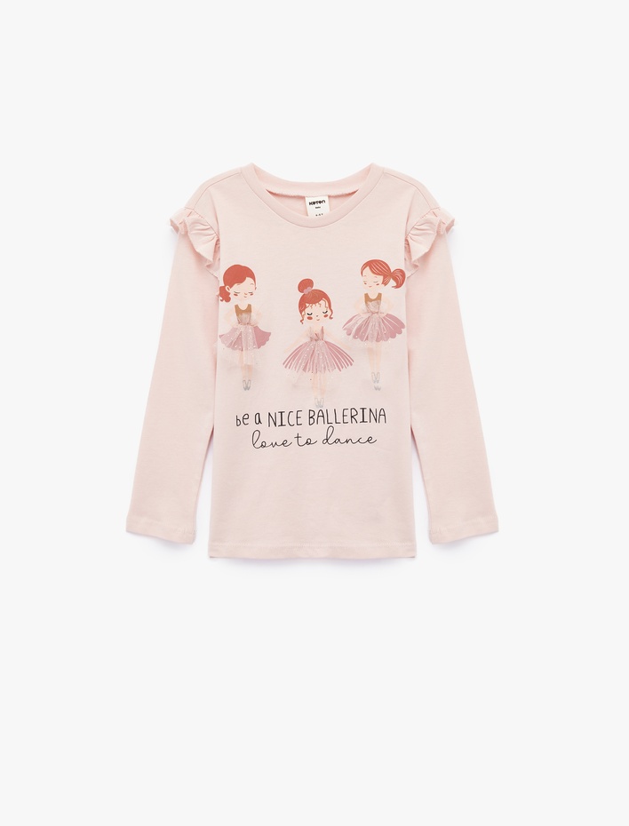 Kız Bebek Balerin Baskılı Uzun Kollu Bisiklet Yaka Pamuklu Tişört