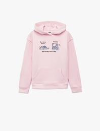 Uzun Kollu Kapşonlu Kedi Baskılı Sweatshirt