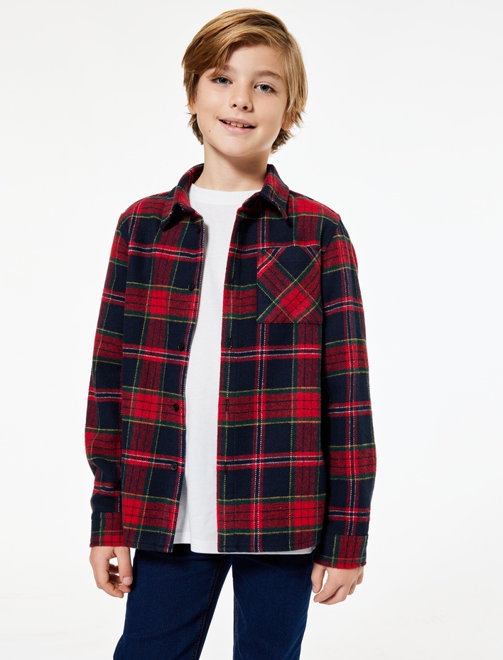 Erkek Çocuk Ekoseli Uzun Kollu Düğmeli Yün Karışımlı Oduncu Gömlek