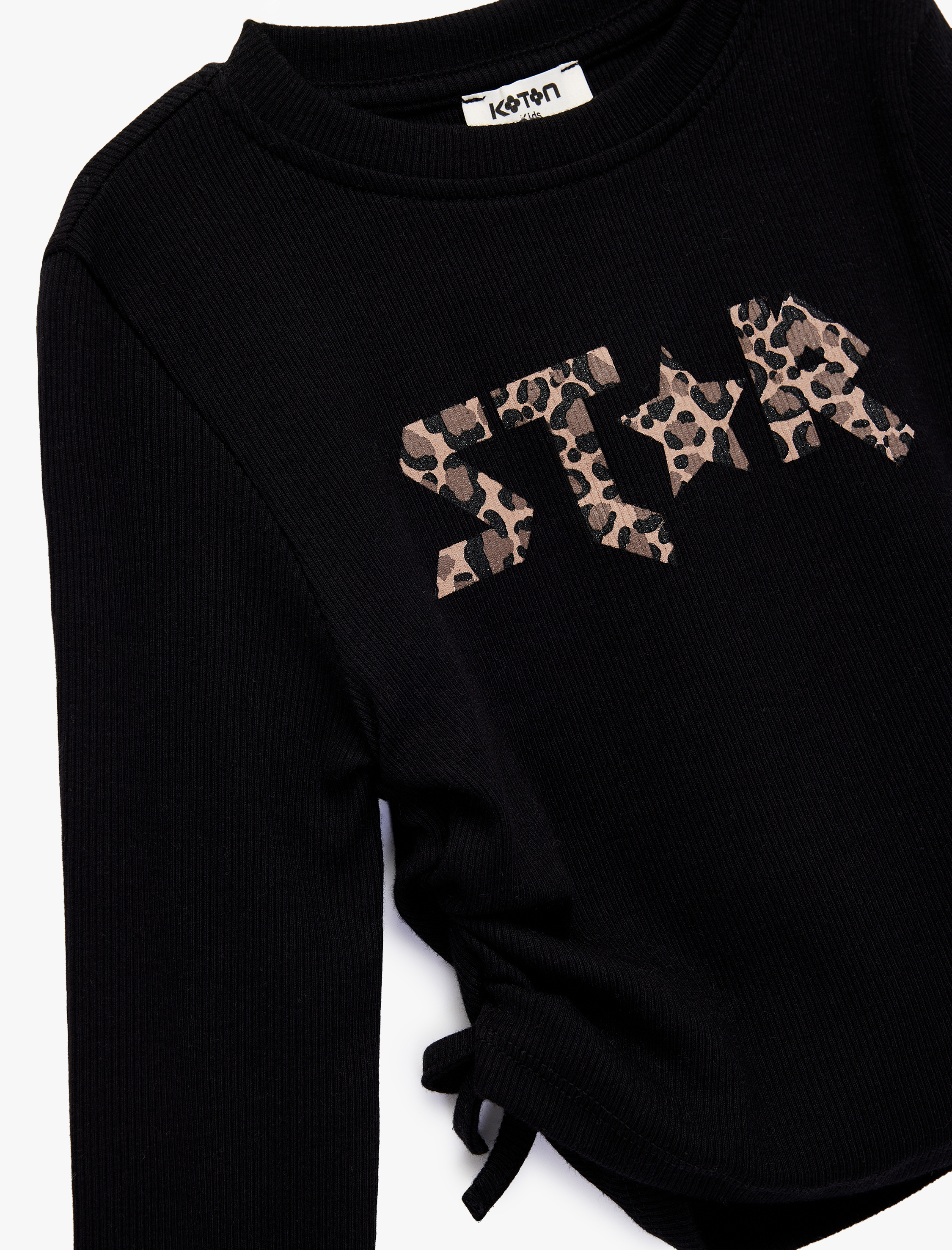  Kız Çocuk Pamuklu Büzgü Detaylı Uzun Kollu Baskılı Bisiklet Yaka Tişört