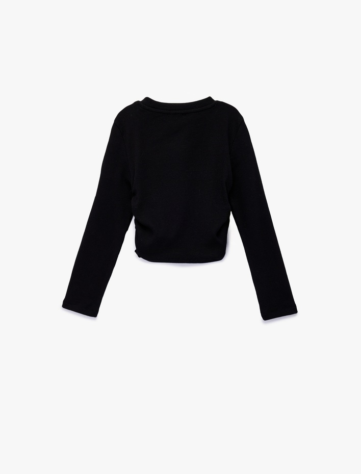 Kız Çocuk Pamuklu Büzgü Detaylı Uzun Kollu Baskılı Bisiklet Yaka Tişört