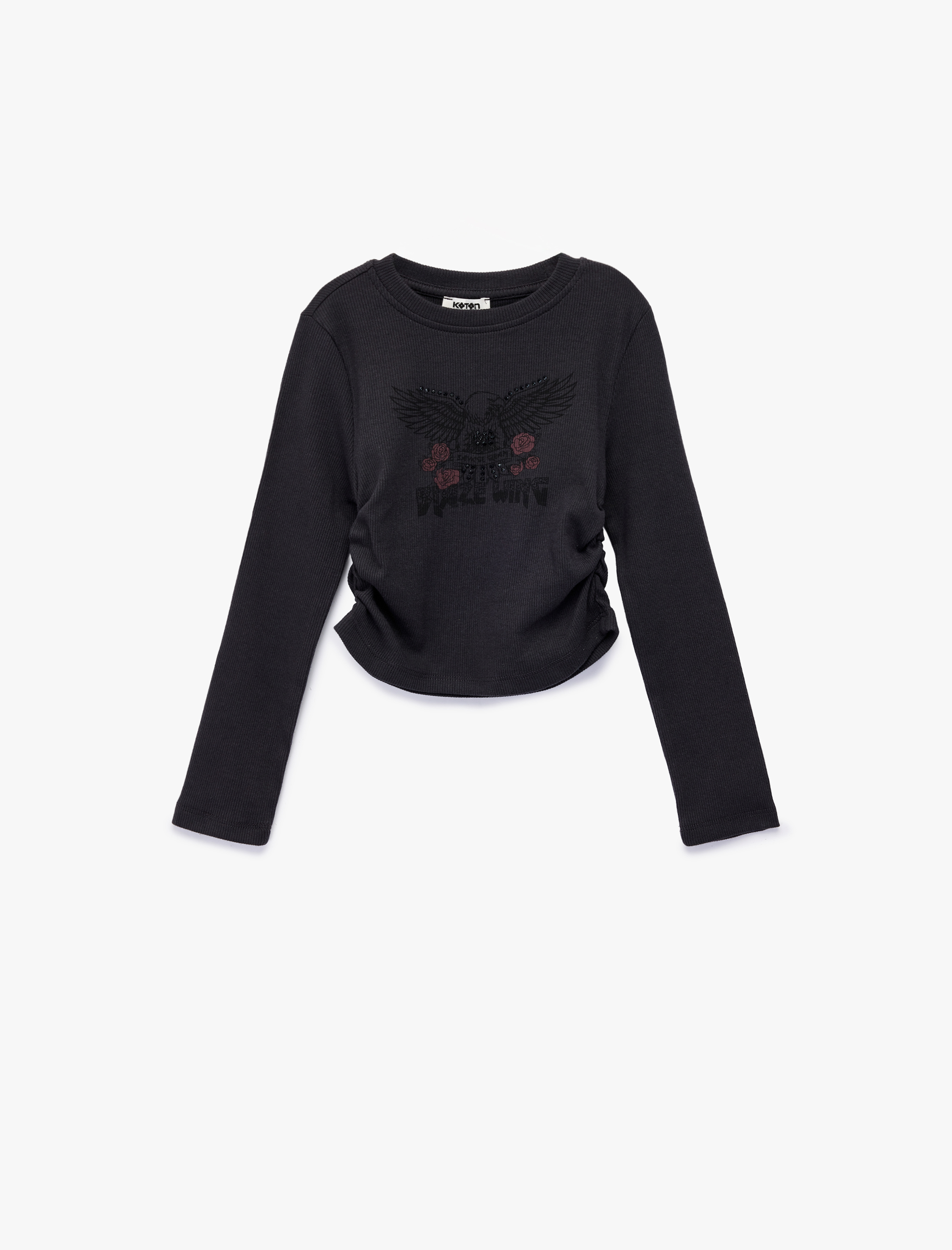  Kız Çocuk Taş Detaylı Uzun Kollu Bisiklet Yaka Büzgülü Pamuklu Baskılı Tişört