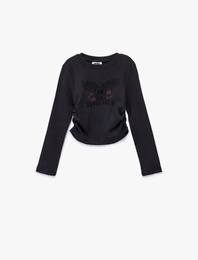 Taş Detaylı Uzun Kollu Bisiklet Yaka Büzgülü Pamuklu Baskılı Tişört