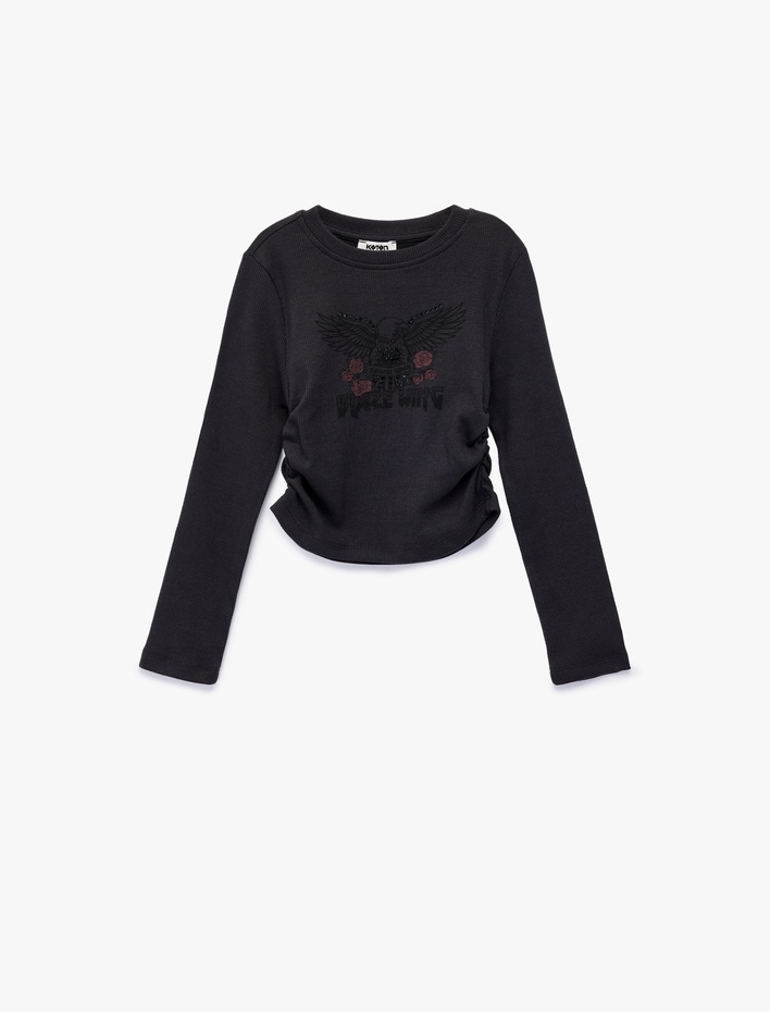 Kız Çocuk Taş Detaylı Uzun Kollu Bisiklet Yaka Büzgülü Pamuklu Baskılı Tişört