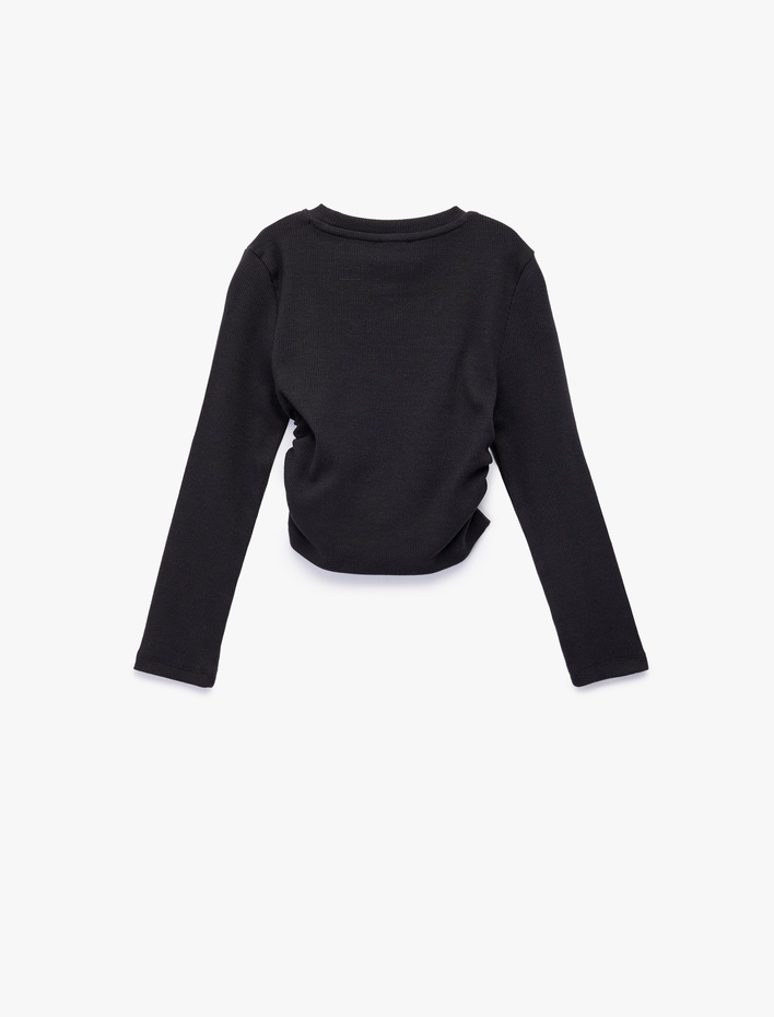 Kız Çocuk Taş Detaylı Uzun Kollu Bisiklet Yaka Büzgülü Pamuklu Baskılı Tişört