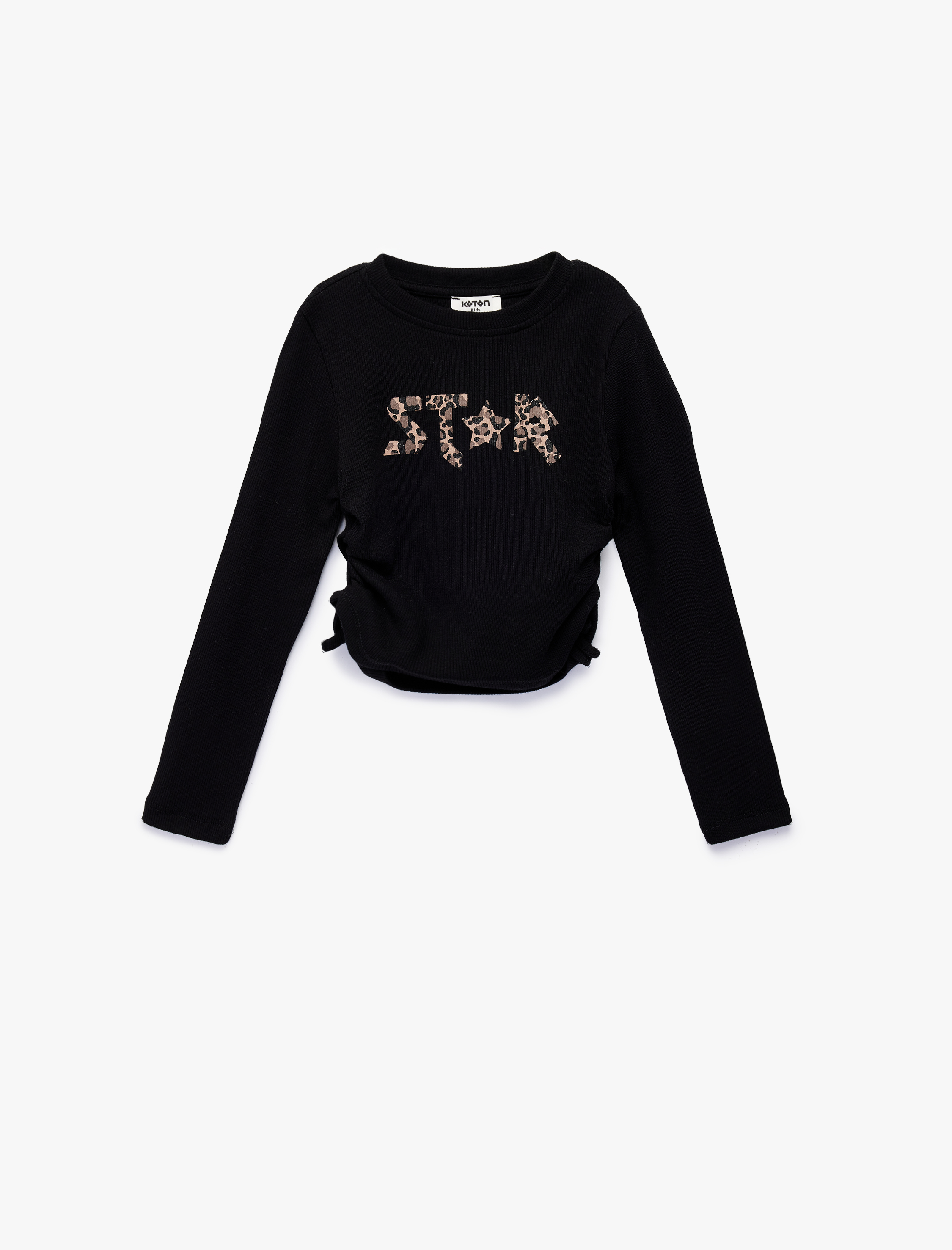  Kız Çocuk Pamuklu Büzgü Detaylı Uzun Kollu Baskılı Bisiklet Yaka Tişört