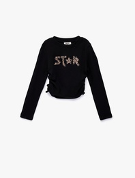 Pamuklu Büzgü Detaylı Uzun Kollu Baskılı Bisiklet Yaka Tişört