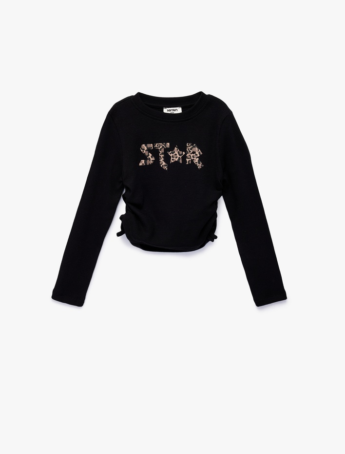 Kız Çocuk Pamuklu Büzgü Detaylı Uzun Kollu Baskılı Bisiklet Yaka Tişört