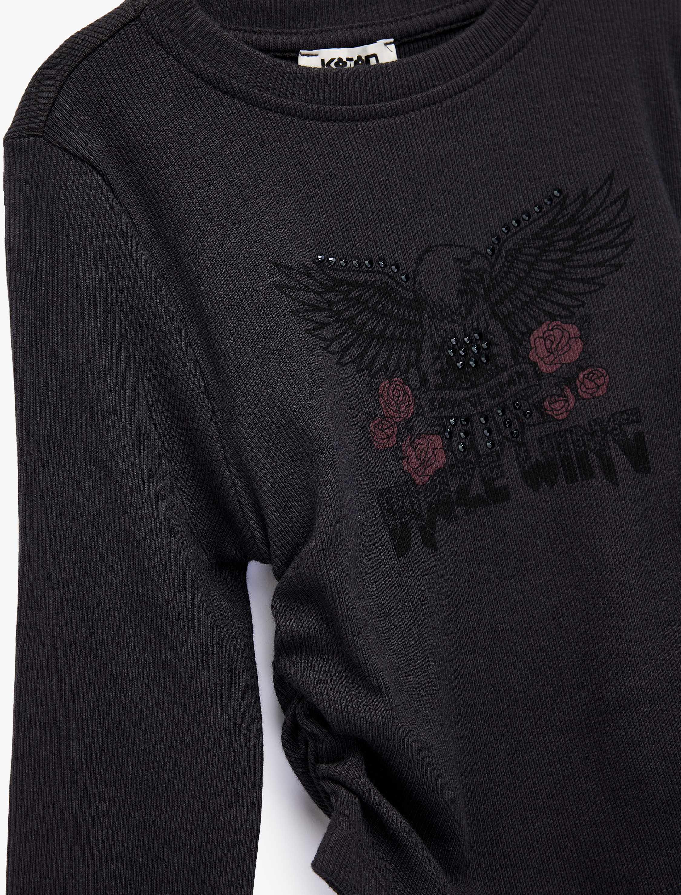  Kız Çocuk Taş Detaylı Uzun Kollu Bisiklet Yaka Büzgülü Pamuklu Baskılı Tişört