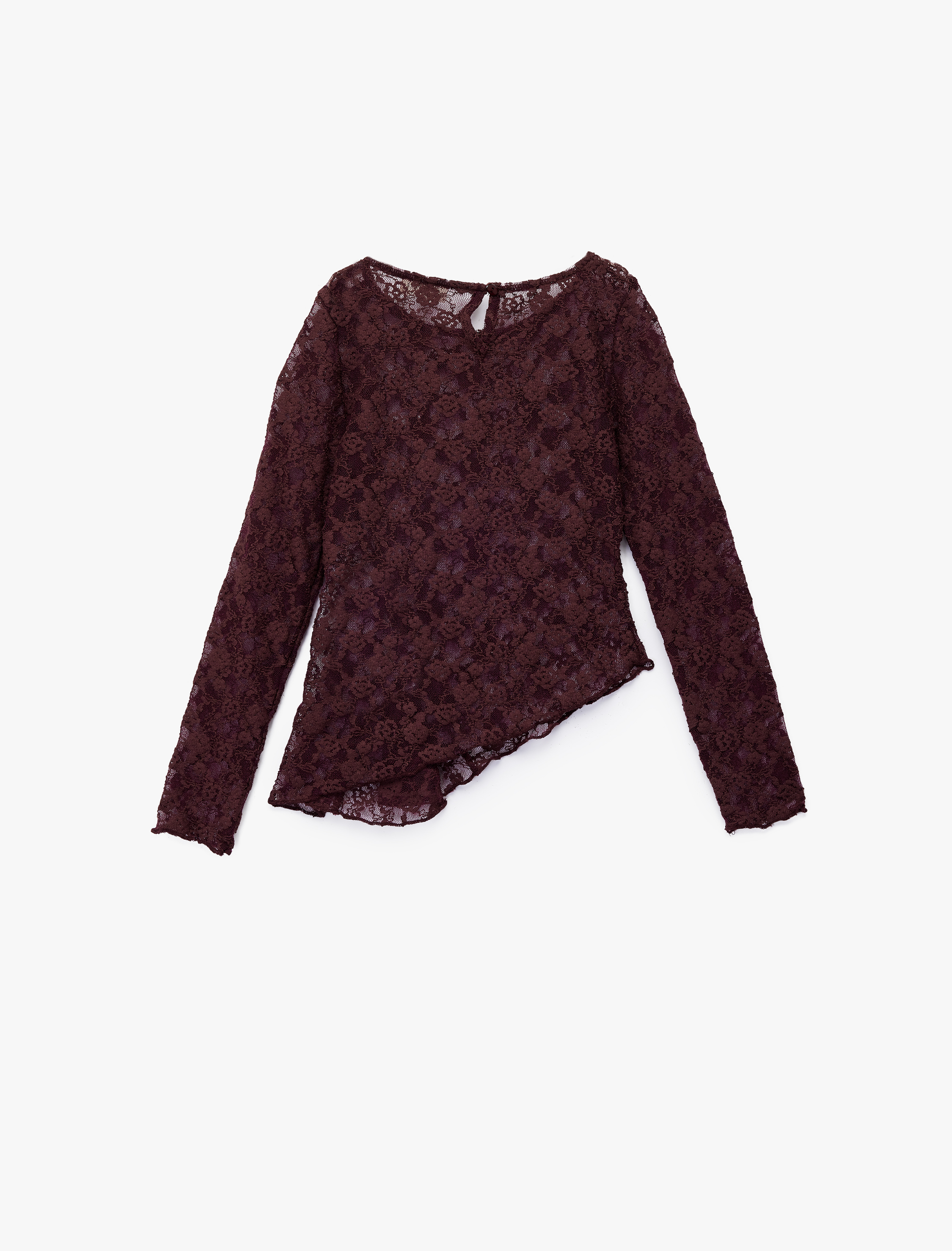  Kız Çocuk Uzun Kollu Bisiklet Yaka Asimetrik Kesim Dantel Bluz