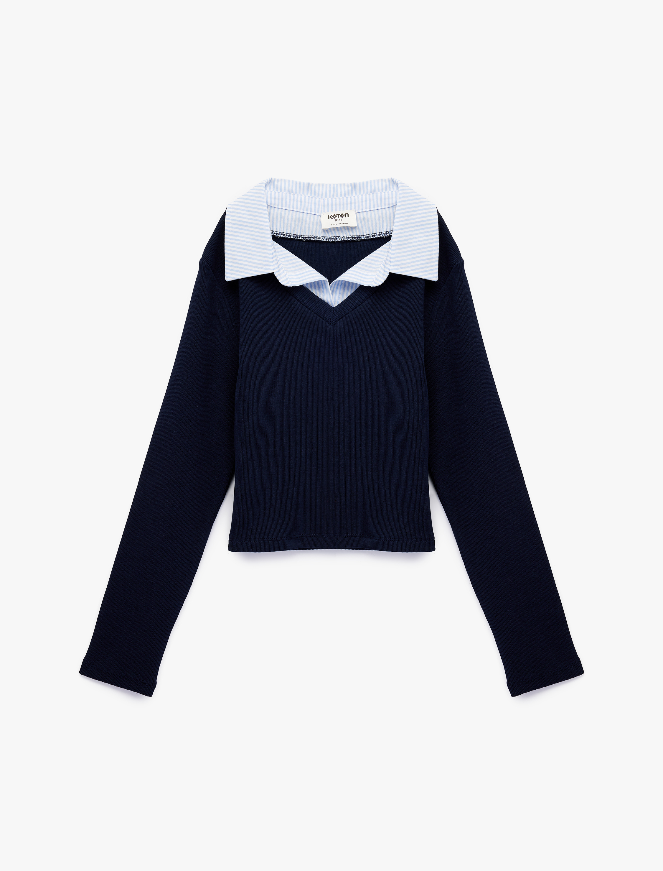  Kız Çocuk Pamuklu Uzun Kollu V Yaka Gömlek Yaka Detaylı Tişört