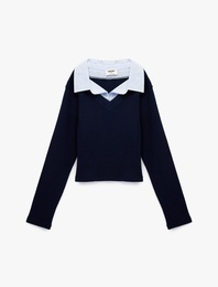 Pamuklu Uzun Kollu V Yaka Gömlek Yaka Detaylı Tişört