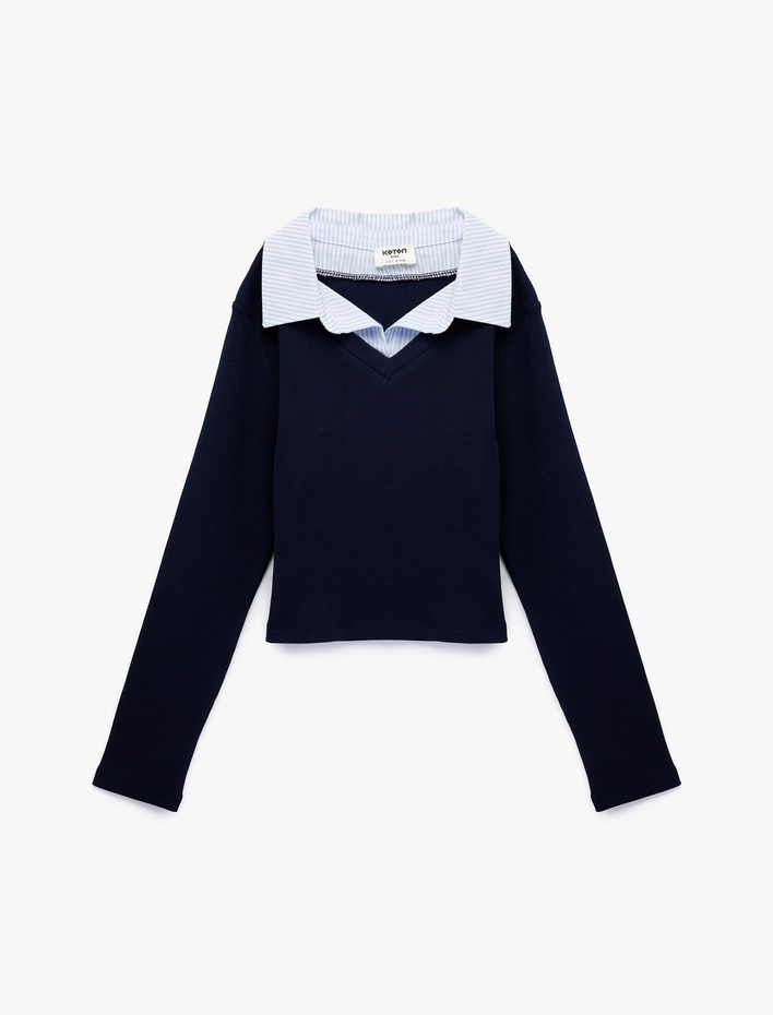 Kız Çocuk Pamuklu Uzun Kollu V Yaka Gömlek Yaka Detaylı Tişört