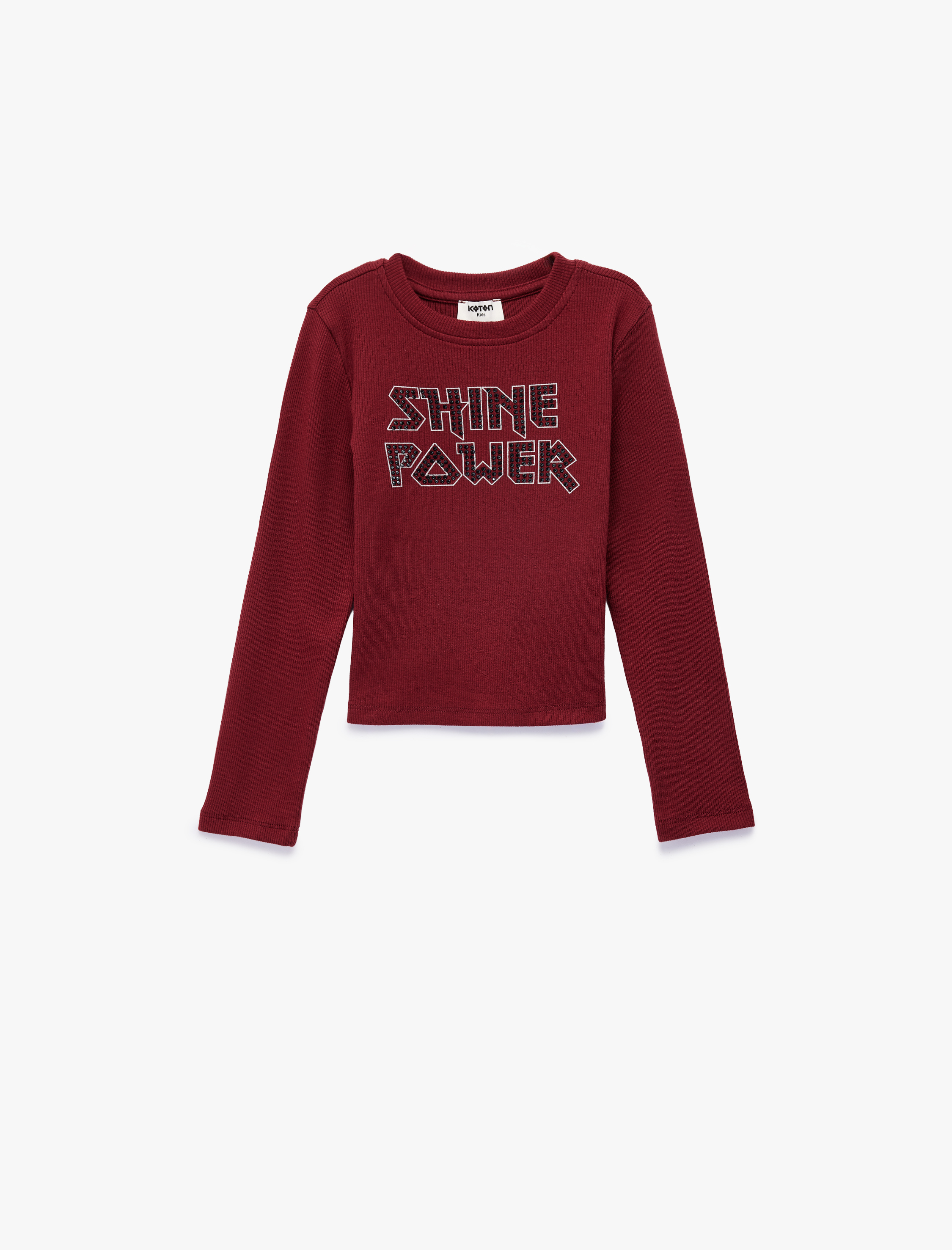  Kız Çocuk Taş Detaylı Bisiklet Yaka Uzun Kollu Baskılı Pamuklu Tişört