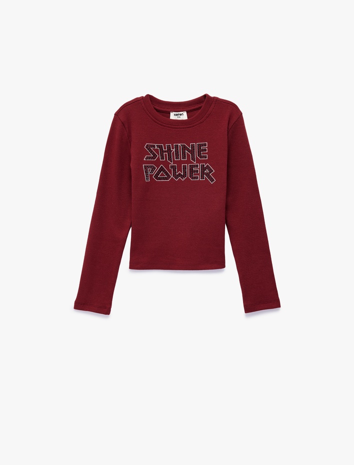 Kız Çocuk Taş Detaylı Bisiklet Yaka Uzun Kollu Baskılı Pamuklu Tişört