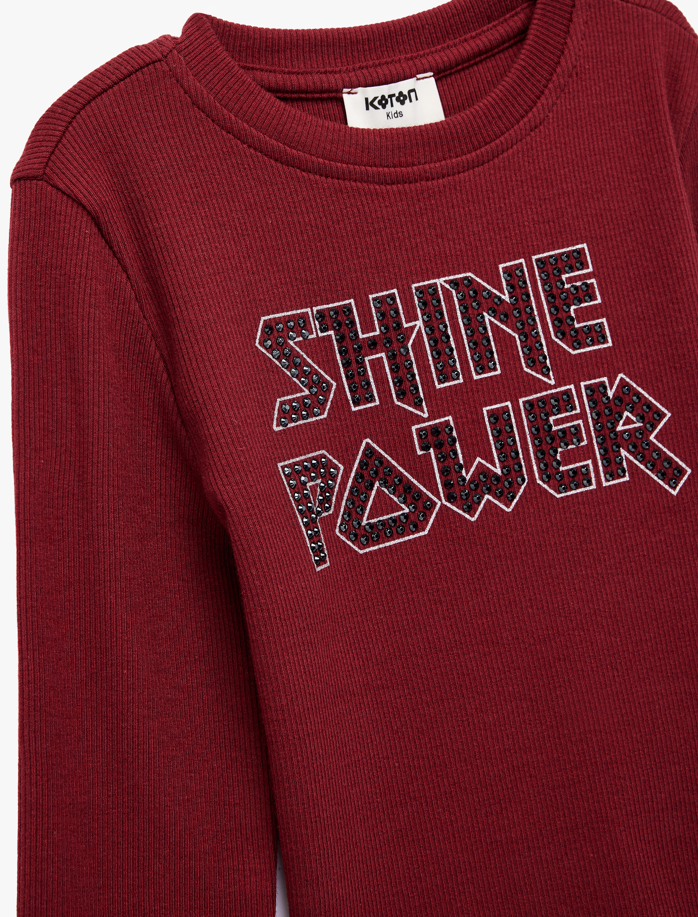  Kız Çocuk Taş Detaylı Bisiklet Yaka Uzun Kollu Baskılı Pamuklu Tişört