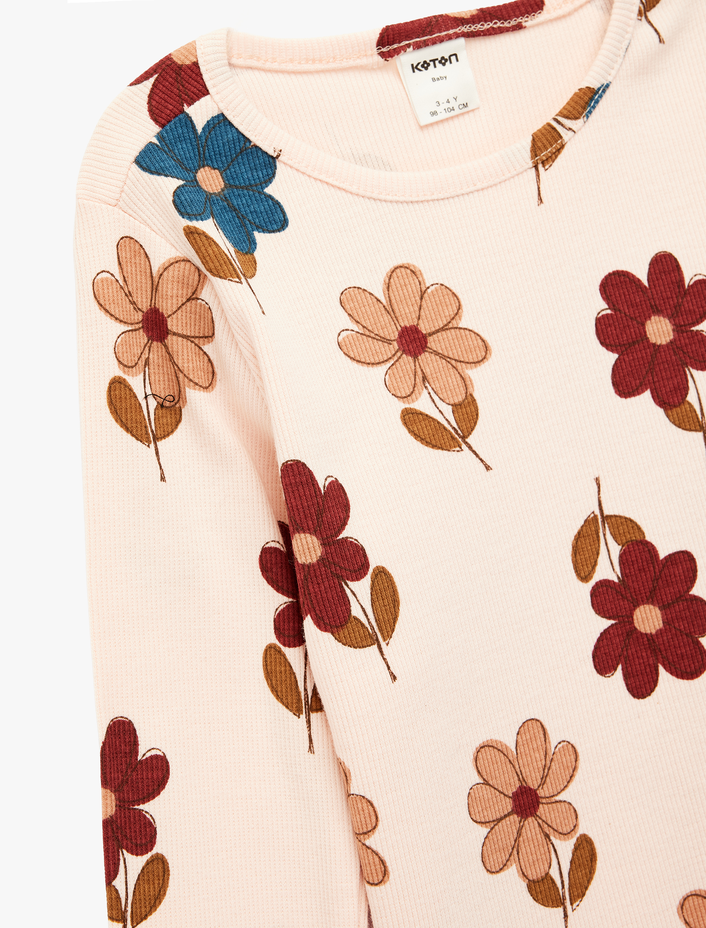  Kız Bebek Pamuklu Uzun Kollu Bisiklet Yaka Çiçekli Tişört