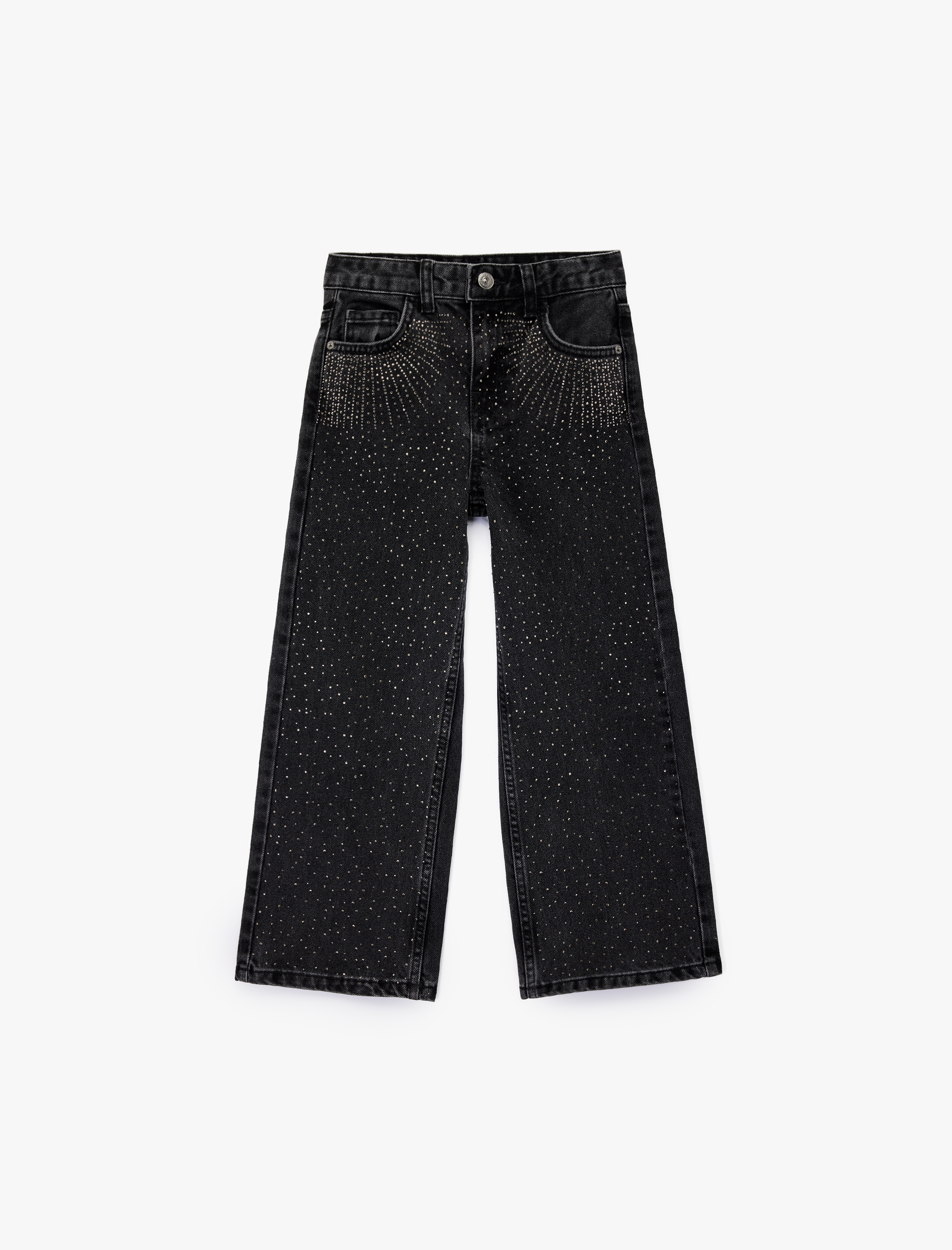  Kız Çocuk Pamuklu Taş Detaylı Geniş Paça Denim Pantolon