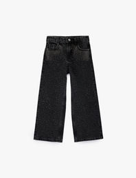 Pamuklu Taş Detaylı Geniş Paça Denim Pantolon