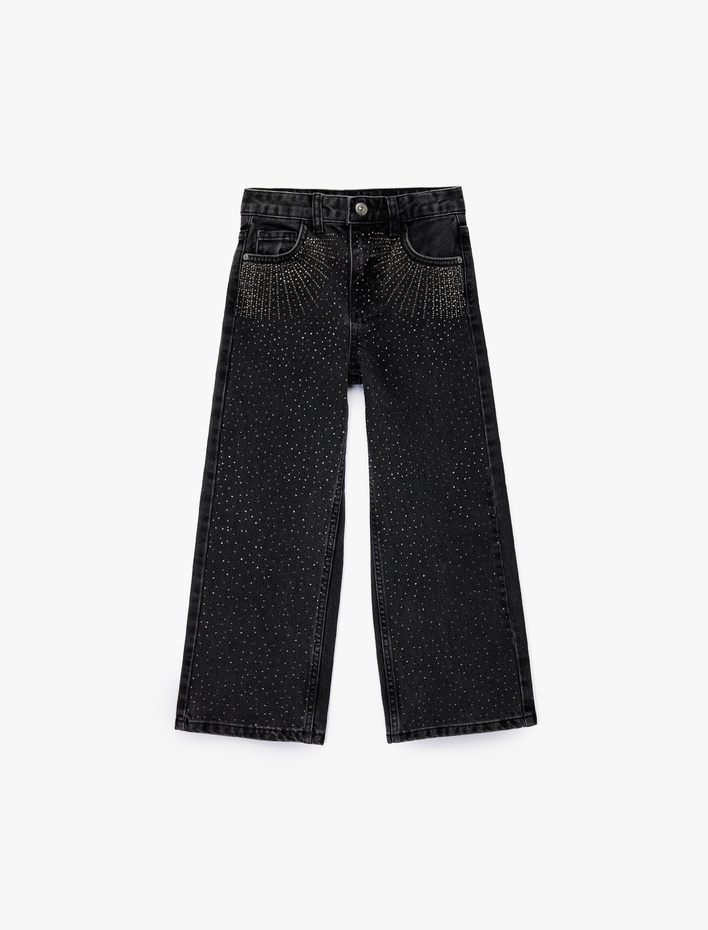 Kız Çocuk Pamuklu Taş Detaylı Geniş Paça Denim Pantolon