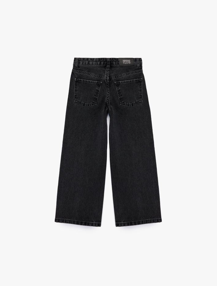 Kız Çocuk Pamuklu Taş Detaylı Geniş Paça Denim Pantolon