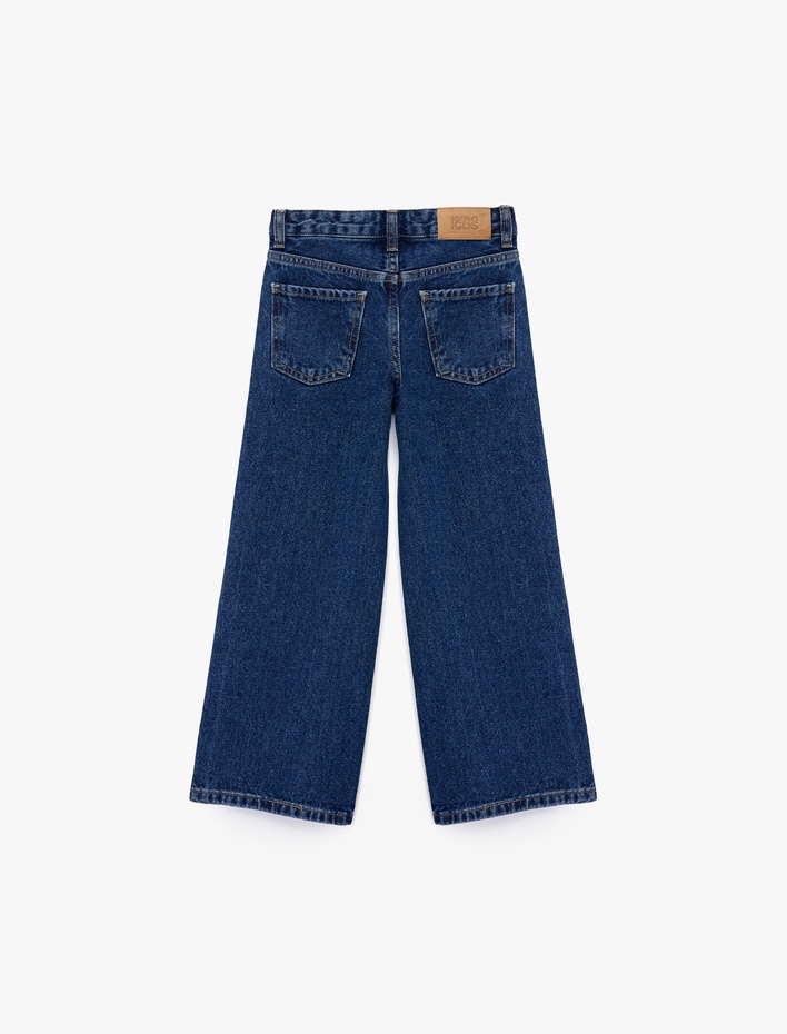 Kız Çocuk Pamuklu Taş Detaylı Geniş Paça Denim Pantolon
