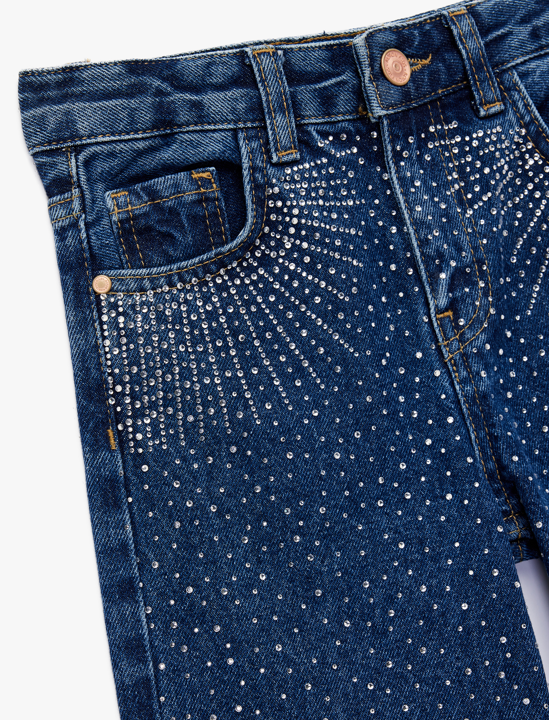  Kız Çocuk Pamuklu Taş Detaylı Geniş Paça Denim Pantolon