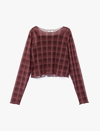 Uzun Kollu Bisiklet Yaka Ekoseli Crop Bluz