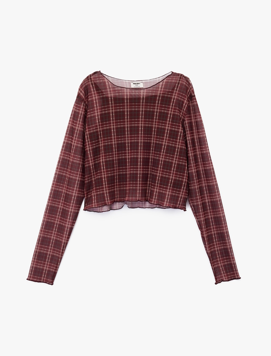 Koton Uzun Kollu Bisiklet Yaka Ekoseli Crop Bluz