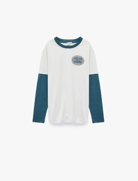 Pamuklu Uzun Kollu Bisiklet Yaka Baskılı Tişört