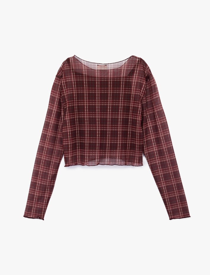 Kız Çocuk Uzun Kollu Bisiklet Yaka Ekoseli Crop Bluz