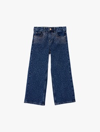 Pamuklu Taş Detaylı Geniş Paça Denim Pantolon