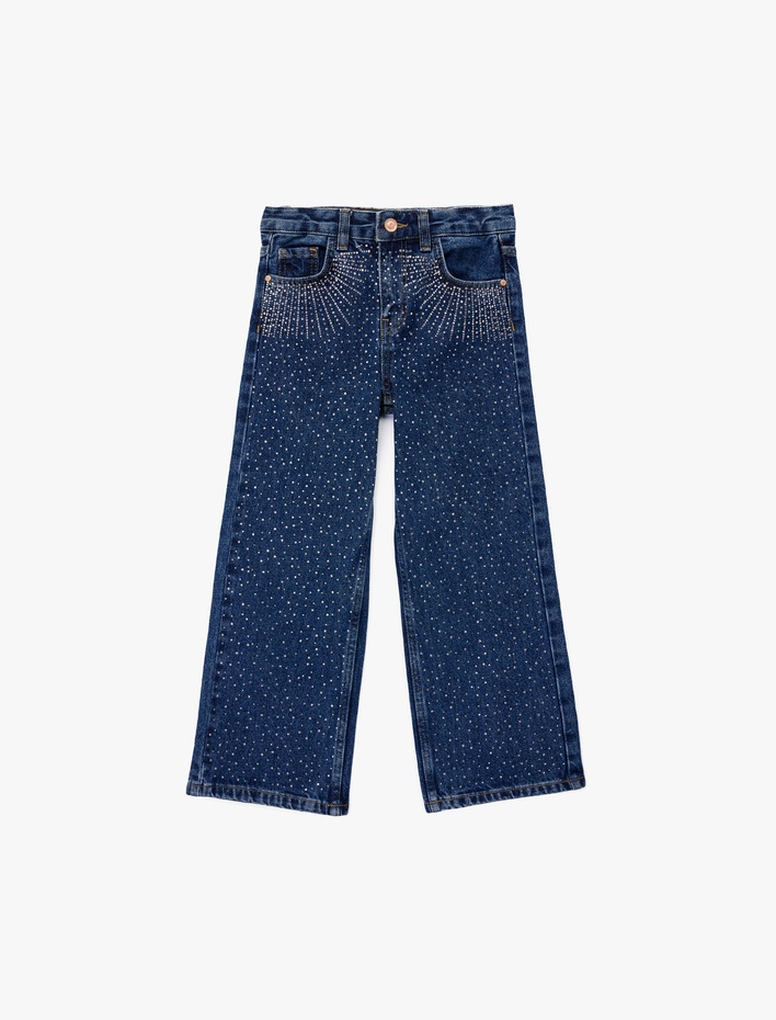 Kız Çocuk Pamuklu Taş Detaylı Geniş Paça Denim Pantolon