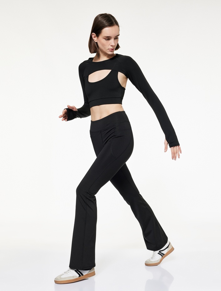  Yüksek Bel Slim Fit Cep Detaylı İspanyol Paça Spor Tayt