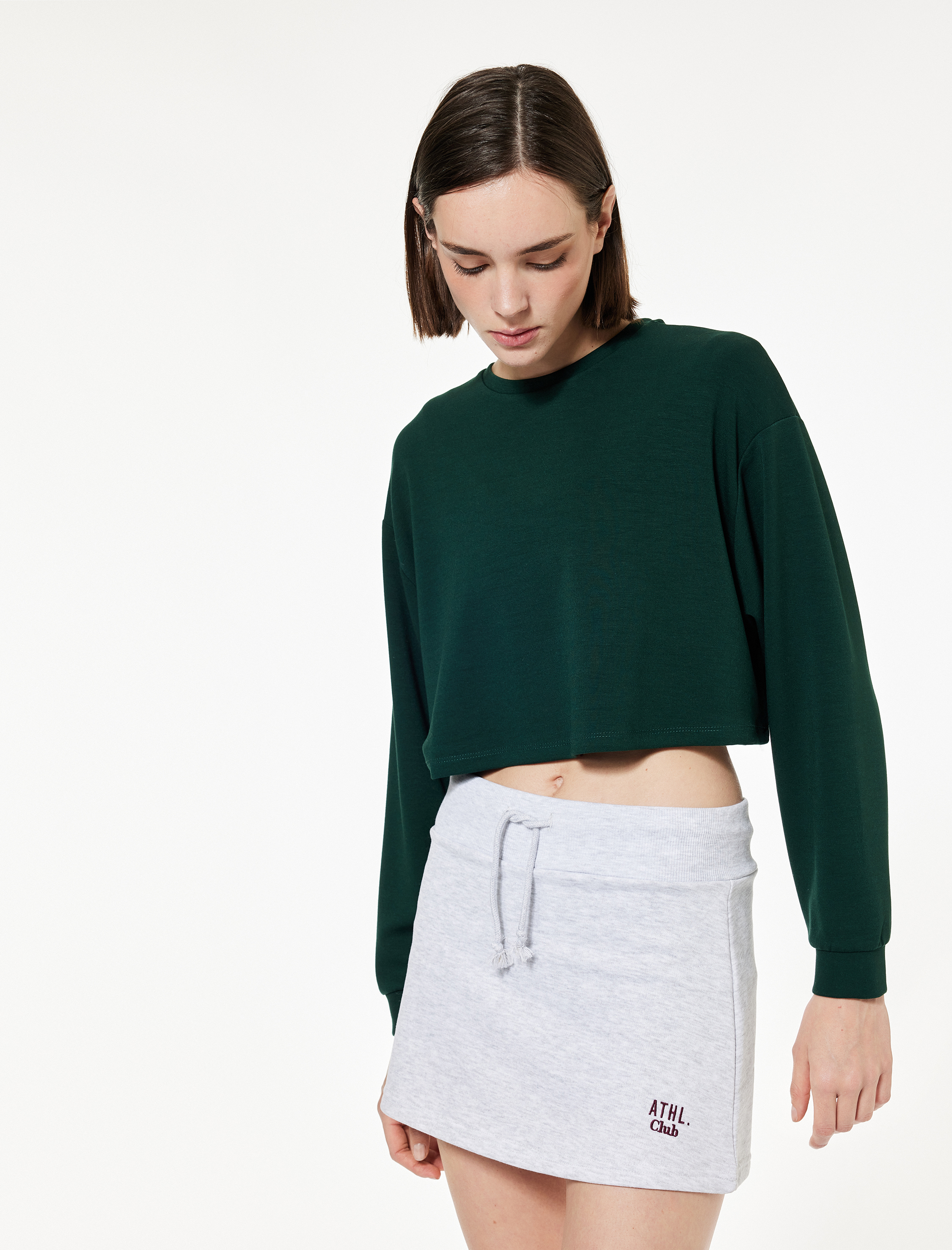   Viskon Oversize Uzun Kollu Bisiklet Yaka Crop Spor Sweatshirt