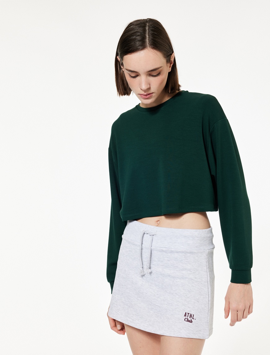 Koton Kadın Viskon Oversize Uzun Kollu Bisiklet Yaka Crop Spor Sweatshirt