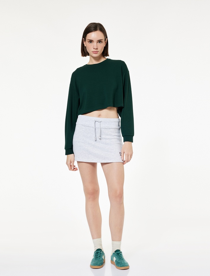  Viskon Oversize Uzun Kollu Bisiklet Yaka Crop Spor Sweatshirt