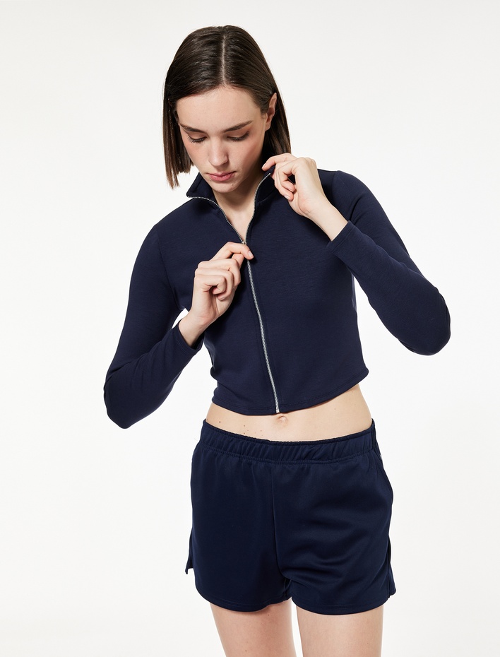  Fermuarlı Rahat Kalıp Uzun Kollu Spor Sweatshirt