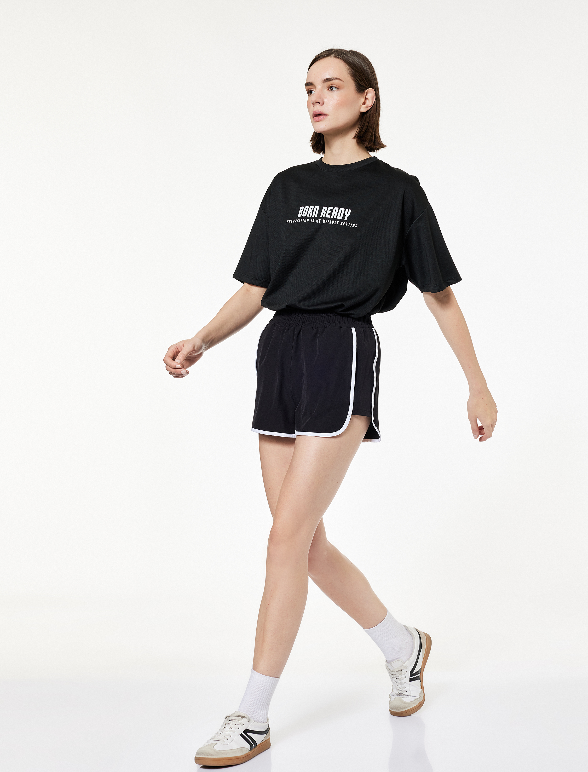   Kısa Kollu Bisiklet Yaka Baskılı Oversize Spor Tişört