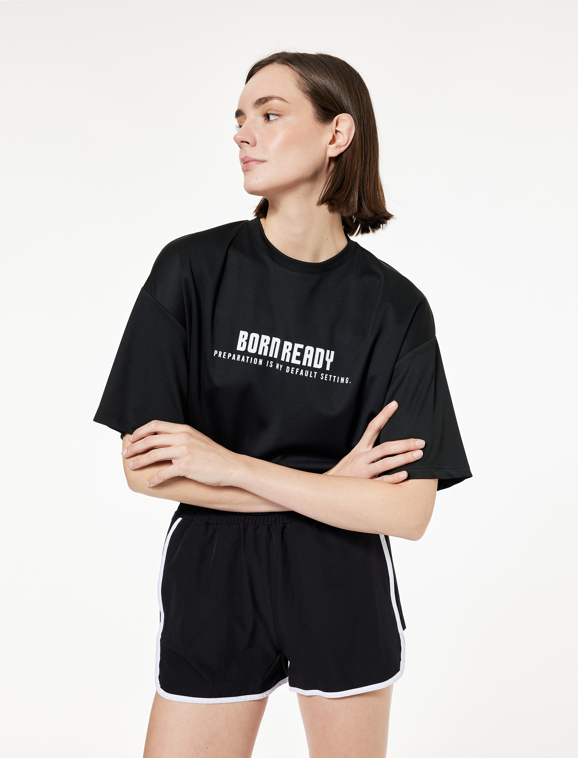   Kısa Kollu Bisiklet Yaka Baskılı Oversize Spor Tişört