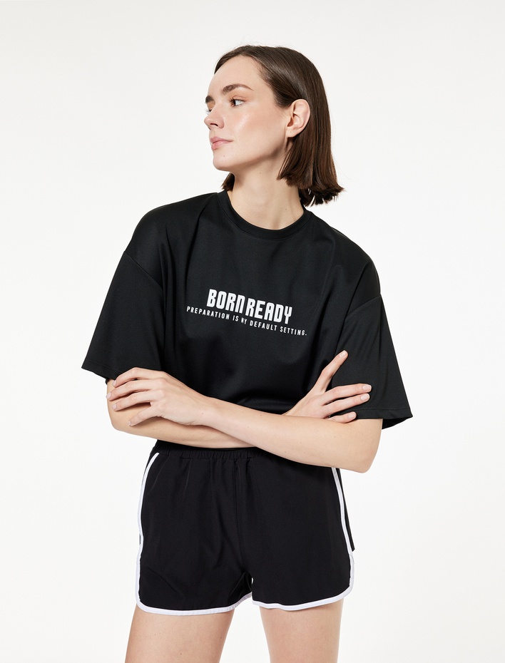  Kısa Kollu Bisiklet Yaka Baskılı Oversize Spor Tişört