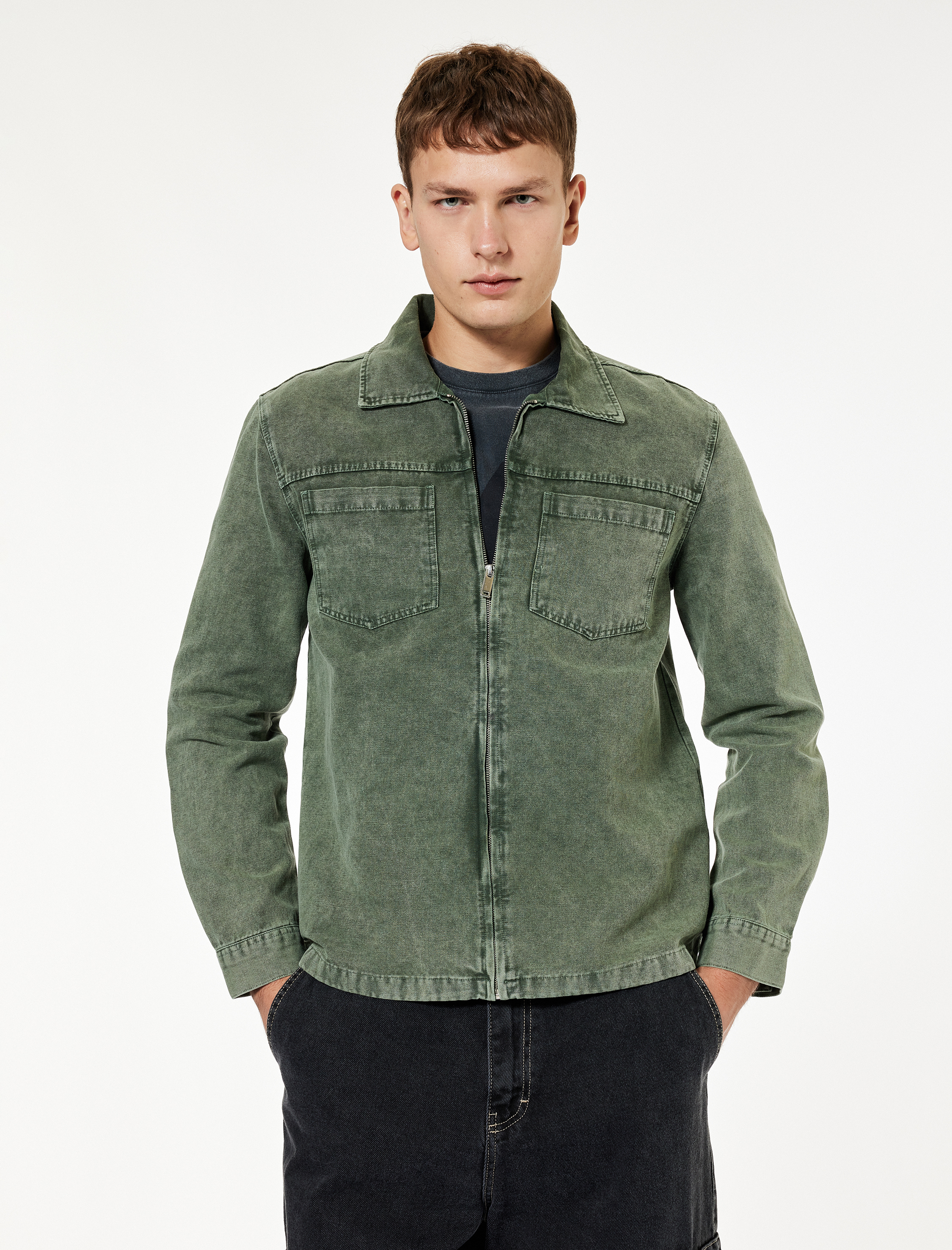   Pamuklu Cep Detaylı Klasik Yaka Yıkamalı Fermuarlı Jean Gömlek Ceket